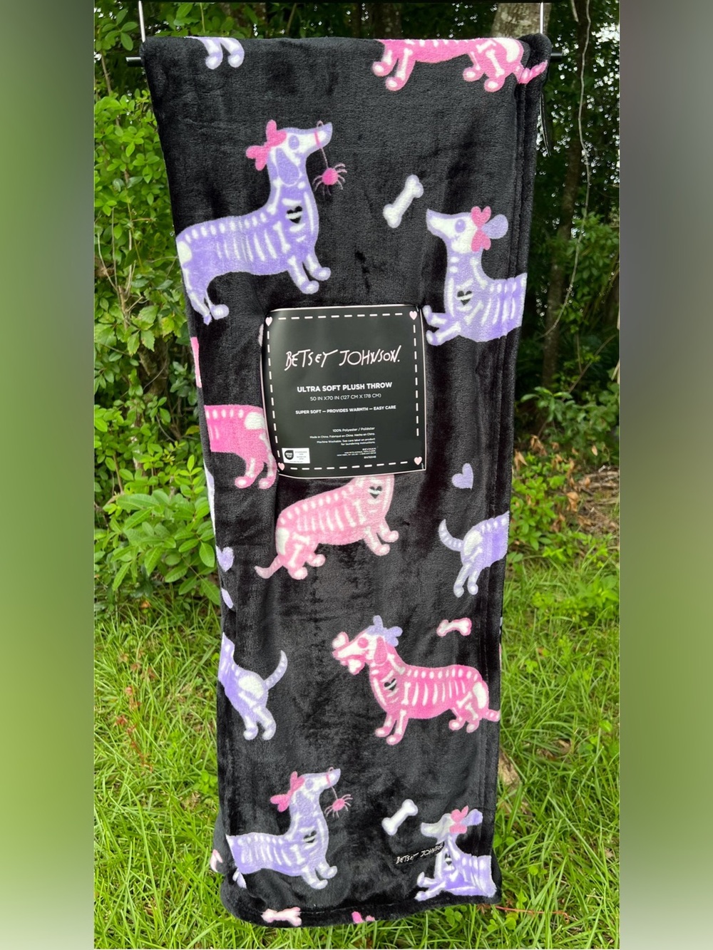 Betsey Johnson Halloween 2026 Dachshund Weiner Dog Skeleton Plush Throw Blanket
